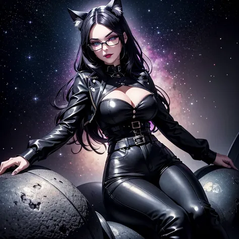 one girl, Black Trousers, Black Top, Gothic Style, Black Boots, Glasses, Cat Ears, Cat Tail, Black Stockings, Dark and Purple Hair , Eyes Shadows ++ , Darker Lips + , Gothic make-up, (Best quality:1.1), (Masterpiece:1.4), 1fille, (cheveux volumineux)+ , ch...