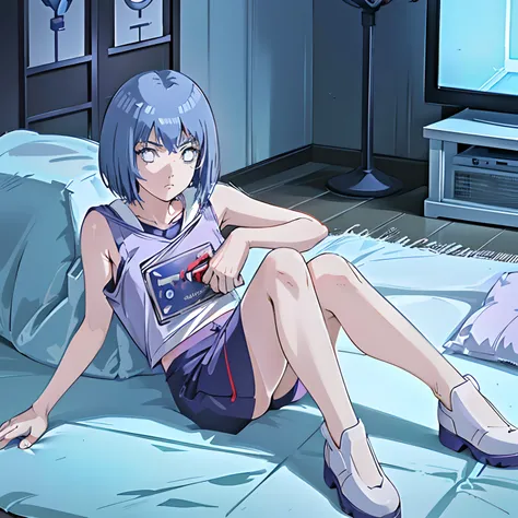 (Personagem Rei Ayanami),( neon genesis evangelion), (quarto com luz baixa), (Sitting on the floor holding video game controller ),(jogando sonic), (luz da tv reflete no rosto),( serious face),8k,4k,alta qualidade, alta resolução, detalhamento,crt tv