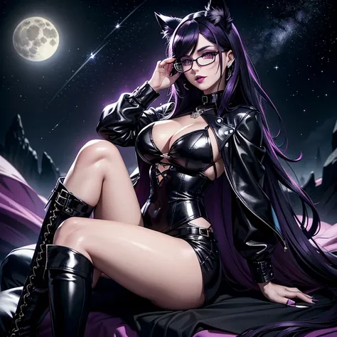 one girl, Black Trousers, Black Top, Gothic Style, Black Boots, Glasses, Cat Ears, Cat Tail, Black Stockings, Dark and Purple Hair , Eyes Shadows ++ , Darker Lips + , Gothic make-up, (Best quality:1.1), (Masterpiece:1.4), 1fille, (cheveux volumineux)+ , ch...