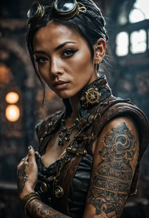 a stunning photograph of a female buddhist monk in a meticulously designed steampunk setting. tattoo. her eyes and the detailed ...