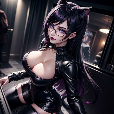 one girl, Black pants, Black Top, Gothic Style, Black Boots, Glasses, Cat Ears, Cat Tail, Black Stockings, Dark and Purple Hair , Eyes Shadows ++ , Darker Lips + , Gothic make-up, (Best quality:1.1), (Masterpiece:1.4), 1fille, (cheveux volumineux)+ , cheve...