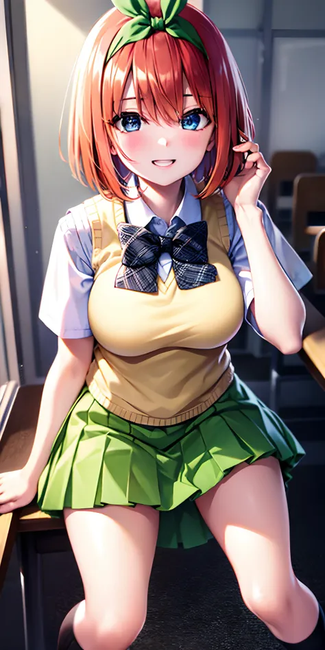 yotsubanakano, yotsuba nakano, bangs, short hair, blue eyes, hair between eyes, hair ribbon, hairband, orange hair, green ribbon...