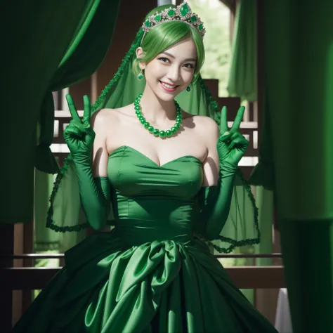 emerald tiara, Green Pearl Necklace, Boyish very short green hair, lipsticks, Japan woman smiling, very short short hair, big breasts beautiful, Green eyes, Long green gloves made of satin material, Green eyes, v sign,V-sign with both hands, Emerald earrin...