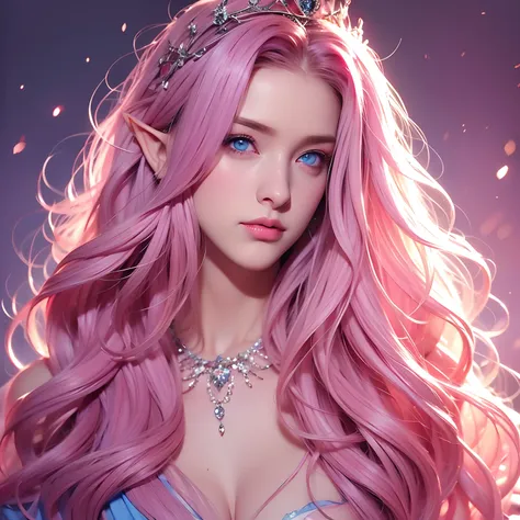 Woman, long curly hair, pink hair, blue eyes, elf, sexy, sensual, highlighted eyes, queen, crown,