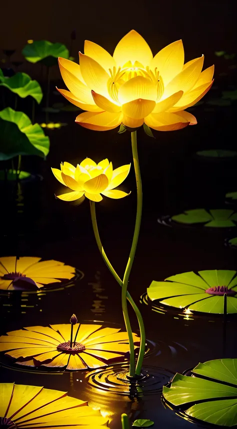 glowing lotus flower((one flower, glowing yellow long stem)), nature environment, poor lighting