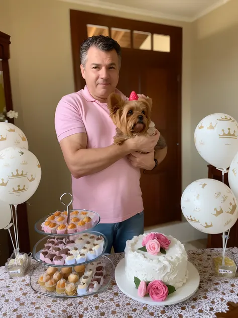 Theres a man holding a dog in front of a table with a cake and cupcakes, ele tem cerca de 50 anos, ele tem cerca de 5 0 anos de idade, ele tem cerca de 60 anos, ele tem cerca de 6 0 anos de idade, ele tem cerca de 7 0 anos de idade, imagem de perfil, with ...