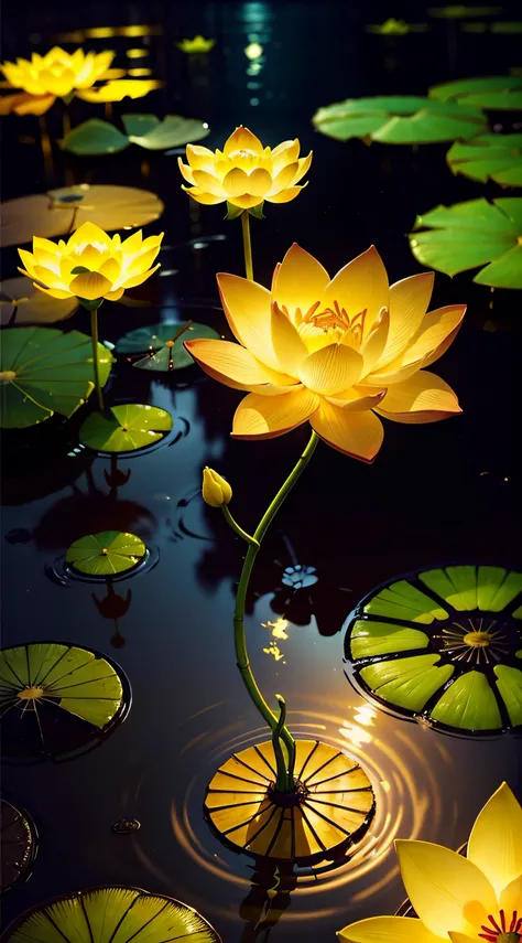 glowing lotus flower((one flower, glowing yellow long stem)), nature environment, poor lighting