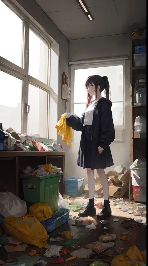 This illustration is、Cute little girl standing in a room full of garbage、It depicts a moment of rage over a situation。She、Holding the cleaning tool in your hand、Its eyes are burning with anger。Among them、Old magazines、leftover food、Filled with unused appli...