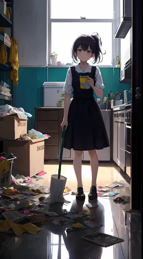 this illustration is、cute little girl standing in a room full of garbage、it depicts a moment of rage over a situation。she、holdin...