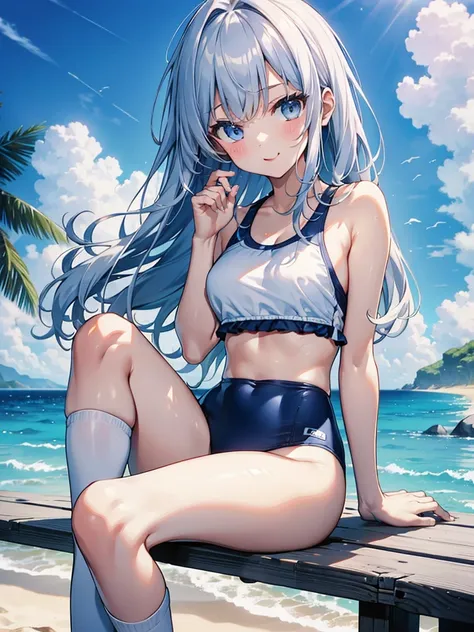 The ultra -The high-definition、high-level image quality、top-quality、Full limbs、complete fingers、Beautuful Women、1 persons、embarassed expression、ssmile、School Swimwear in White、knee high、Indentation、standingn、Grow legs、Summer Beach、cinematlic lighting