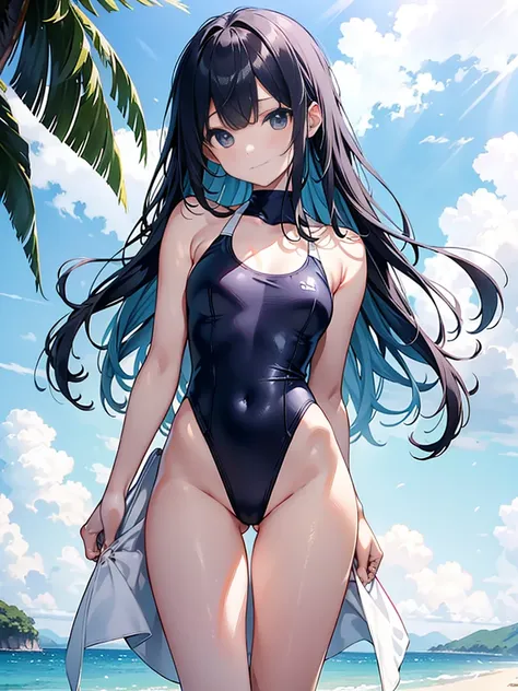 The ultra -The high-definition、high-level image quality、top-quality、Full limbs、complete fingers、Beautuful Women、1 persons、embarassed expression、ssmile、White School Swimsuit、knee high、Indentation、standingn、Grow legs、Summer Beach、cinematlic lighting