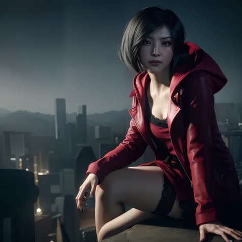 ada wong, beautiful face, woman, bob hair, perfect face, wearing mini red dress hoody, wearing hoody, black nail polish