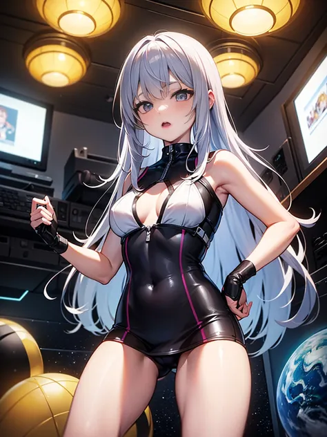 One girl、Inside the spacecraft、A girl and a beautiful sight are spreading。The walls and ceiling are covered with panels of futuristic design.、It has a fantastic glow。The interior of the ship is spacious々and々And々And々And々And々And、A variety of scientific instr...