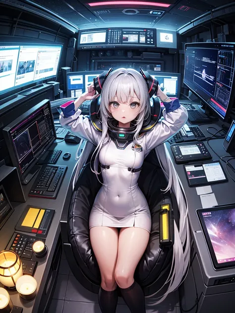 One girl、Inside the spacecraft、A girl and a beautiful sight are spreading。The walls and ceiling are covered with panels of futuristic design.、It has a fantastic glow。The interior of the ship is spacious々and々And々And々And々And々And、A variety of scientific instr...