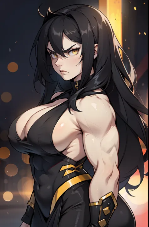 ((1 girl)) angry very long hair pale skin black hair yellow eyes ((muscular)) huge breasts bokeh