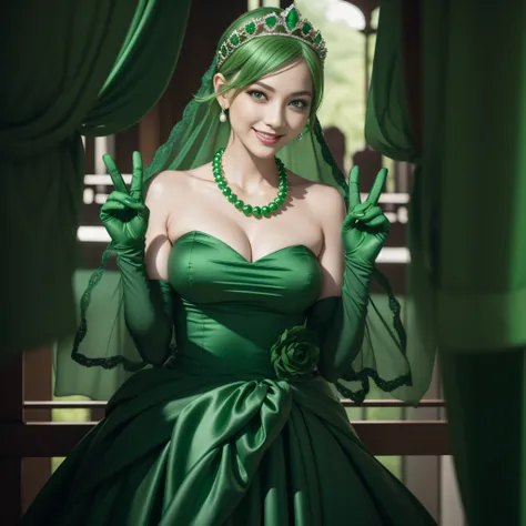 emerald tiara, Green Pearl Necklace, Boyish very short green hair, lipsticks, Japan woman smiling, very short short hair, big breasts beautiful, Green eyes, Long green gloves made of satin material, Green eyes, v sign,V-sign with both hands, Emerald Earrin...