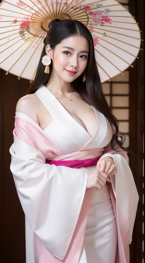 Marian Rivera wearing a kimono and holding an umbrella, in a kimono, in a kimono, 30 years old, huge-breasted:1.5, Make your erect, Big ass,  Tall body,  Open your clothes, Open Shoulder, goddess of Japan, Wearing a sexy kimono, Kimono, glamorous and sexy ...