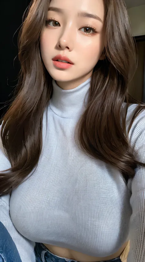 （lifelike， high - resolution：1.3）， 1 girl with a perfect body， Super fine face and eyes，slong hair， turtle neck of random colors：1.2， short jean，big boob