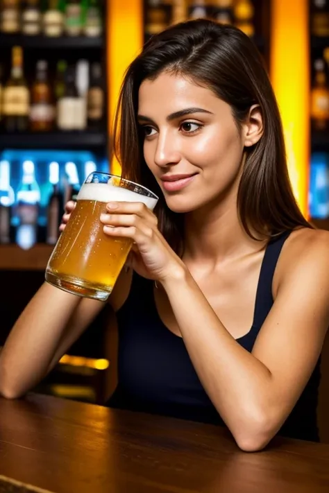 hay una mujer sosteniendo un vaso de cerveza frente a un hombre, en un bar, en un bar, gente bebiendo cerveza, beber en el bar, ...