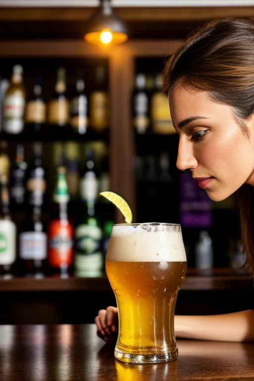 hay una mujer sosteniendo un vaso de cerveza frente a un hombre, en un bar, en un bar, gente bebiendo cerveza, beber en el bar, ...