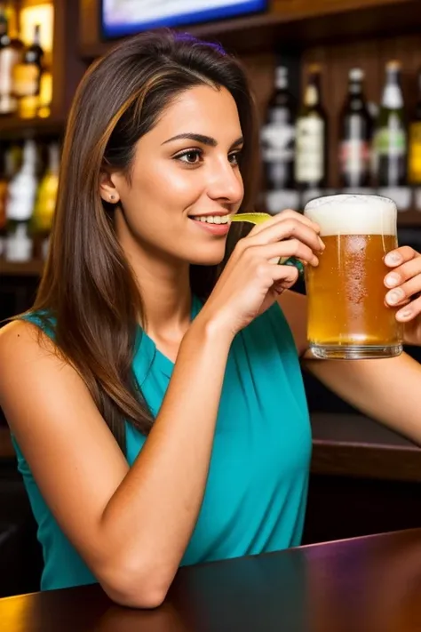 hay una mujer sosteniendo un vaso de cerveza frente a un hombre, en un bar, en un bar, gente bebiendo cerveza, beber en el bar, ...