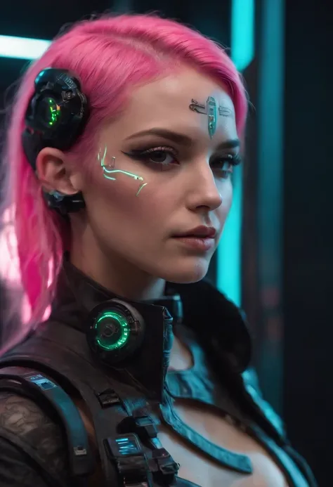 Mulher sensual cyberpunk neon segurando arma, Model Name Nikki Frio, Front facing portrait, long messy pink hair, futuristic head gear, DJ headphones with mic, black jacket with neon decals, hyper futuristic, metallic facial implants, freckles, shimmering ...