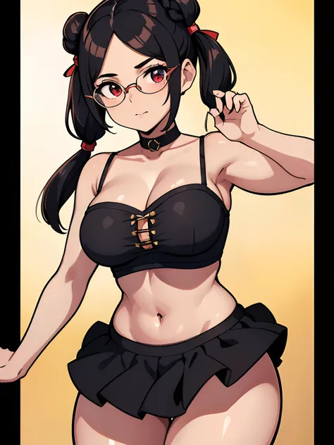 (melhor qualidade, obra-prima), (Retrato 8K), (Corpo Perfeito), 1Meninas, (cabelo curto,preto), (franja vermelha), (pigtails), (olhar surpreso), ( eyeglass), rechonchuda, emphasis on the thighs, Pose sexy, middlebreasts,