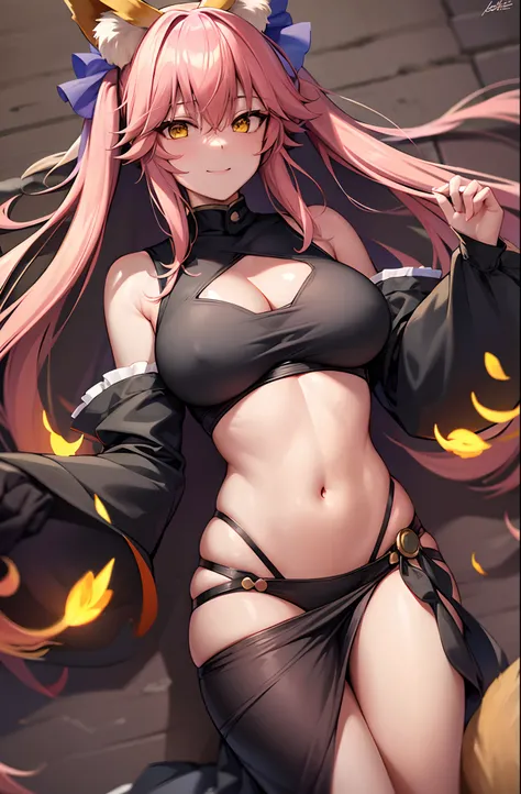 tamamo, tamamo, animal ear fluff, animal ears, fox ears, fox girl, fox tail, hair ribbon, pink hair, tail, (yellow eyes:1.5), BREAK purple_clothes, ninja_clothes,navel, BREAK outdoors, beach, BREAK looking at viewer, BREAK (masterpiece:1.2), best quality, ...