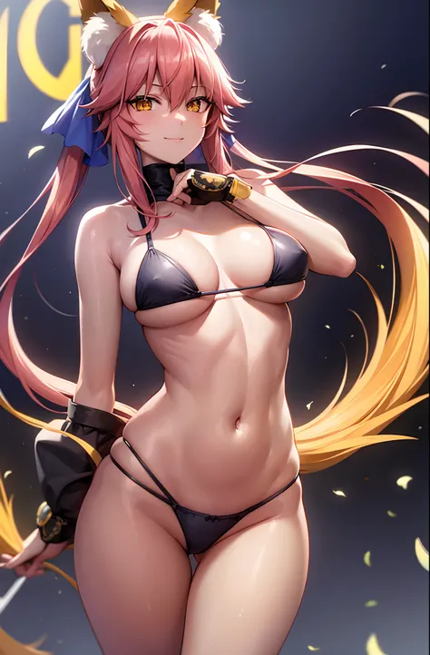 tamamo, tamamo, animal ear fluff, animal ears, fox ears, fox girl, fox tail, hair ribbon, pink hair, tail, (yellow eyes:1.5), BREAK purple_clothes, ninja_clothes,navel, BREAK outdoors, beach, BREAK looking at viewer, BREAK (masterpiece:1.2), best quality, ...