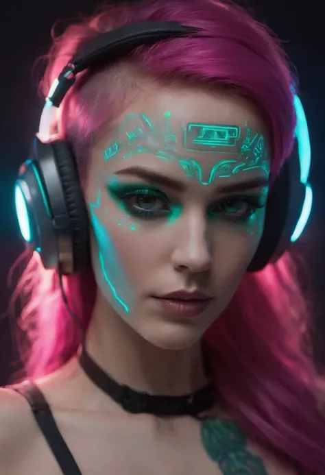 Designer de imagem "Cyberpunk & Realistic". Futuristic depiction of a perfectly tattooed woman with high-tech mechanical prosthetics, long messy pink hair, and headphones. Embrace the cyberpunk aesthetic with neon lights and bright tattoos, maintaining the...