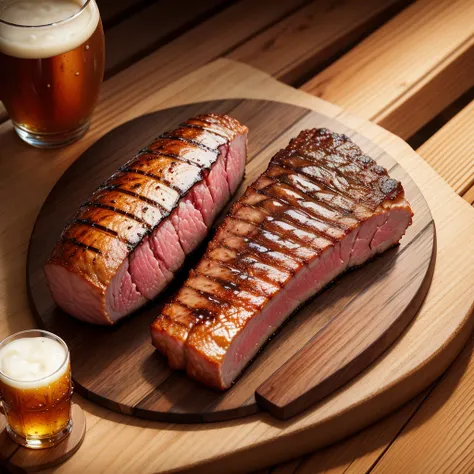 meat with grill marks on a wooden board with a cold cold beer next to it, tasty, promotional photo, intricate details, HDR, realistic photo, Adobe Lightroom, highly detailed