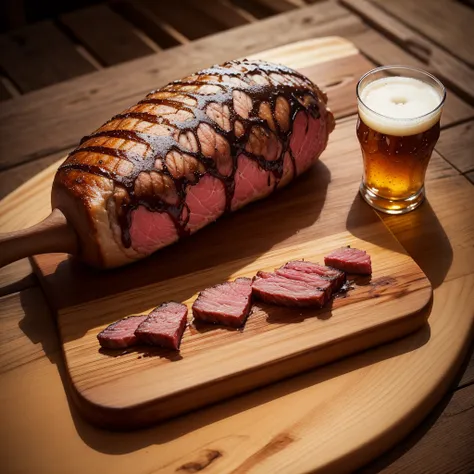 meat with grill marks on a wooden board with a cold cold beer next to it, tasty, promotional photo, intricate details, HDR, realistic photo, Adobe Lightroom, highly detailed