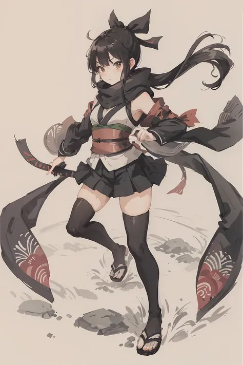 sparrow, a black haired girl, scarf, wearing a ninja, ninja armor, black skirt, long hair, hair ribbon, slim body, teen, floral printed kimono, serious face, a japanese ninja. she is standing in the shrine