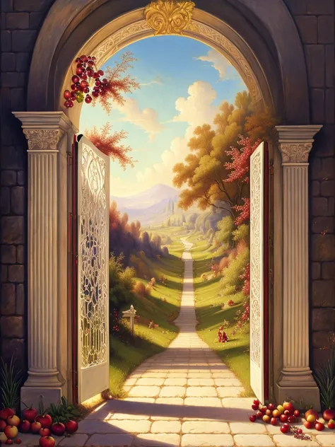 Heaven fantasy painting, big pearly gate in heaven, apples, fruit, 8k, trending on art station, digital art, Raphael Lacoste