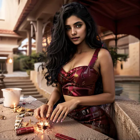 ((Dark Night time sparking crackers linght on sky)) araffe indian woman in a red skirt holding a sparkler, brandon woelfel, sexy girl, indian  girl, attractive girl, beautiful asian girl, indian goddess, beautiful model girl, instagram model, 8k artgerm bo...