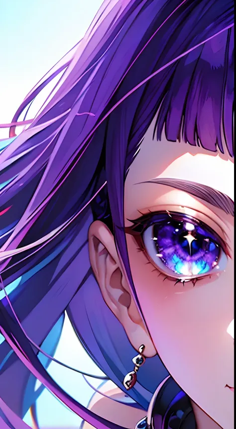 (masterpiece), best quality, ( close up on a girl) , (eye focus), expressive eyes, perfect face, purple hair, collar, gorgeous eyes, galaxy eyes, cosmic eyes,sparkling eyes, breath taking, cute, soft expression, perfect skin,