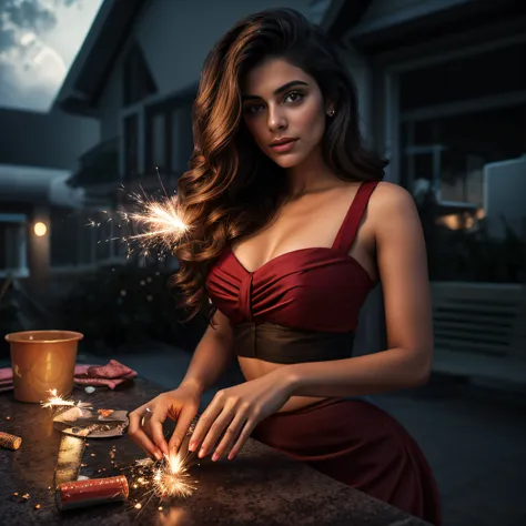 ((Dark Night time sparking crackers linght on sky)) araffe indian woman in a red skirt holding a sparkler, brandon woelfel, sexy girl, indian  girl, attractive girl, beautiful asian girl, indian goddess, beautiful model girl, instagram model, 8k artgerm bo...