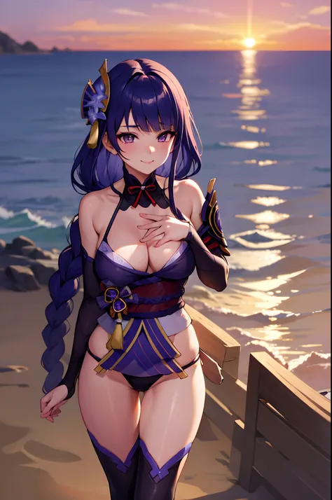 (masterpiece, best quality, detailed) ,1girl,raidenshogundef, in bikini standing on beach at sunset with ocean in background, at beach at sunset, in the beach, at the beach on a sunset, at a beach, at the beach,((sunset)), standing at the beach, on a beach...