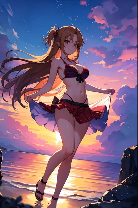 (masterpiece, best quality, detailed) ,1girl,raidenshogundef, in bikini standing on beach at sunset with ocean in background, at beach at sunset, in the beach, at the beach on a sunset, at a beach, at the beach,((sunset)), standing at the beach, on a beach...