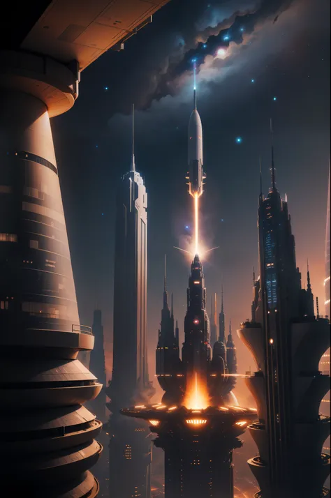 futuristic city with the sky of galaxies and illuminated with magical and interstellar light, with aerospace structures flying between the buildings and very futuristic