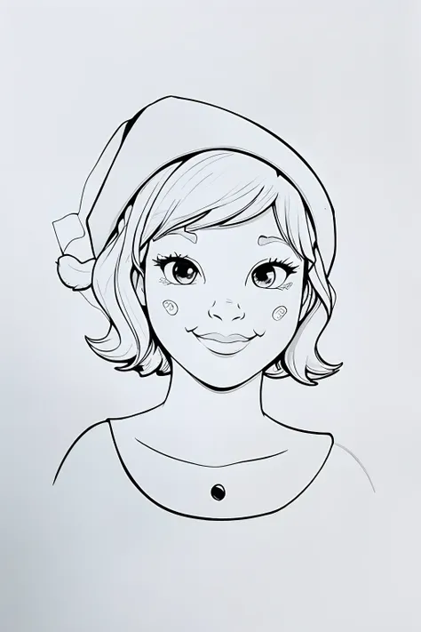 Black and white outline art for kids little mermaid with Christmas hat coloring book page coloring pages for kids, full white, childish style, white background, sketch style, (((((white background))))), use only outline, cartoon style, line art, coloring b...