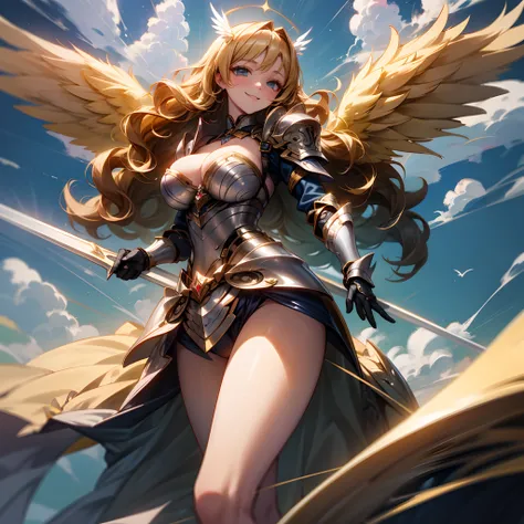 ((Masterpiece)), best quality, absurderes, ultra detailed, 8k, blonde angel, Valkyrie, golden armor, cleavage, big white wings, curly hair, long spear, smiling, heaven, clouds