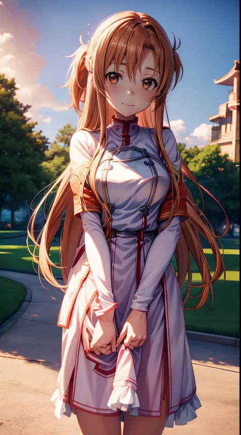 hight resolution, best pictures,Yuuki Asuna , super precision,、[3D images:1.35]、[[In high-quality anime、Cute Asuna with brown hair and brown eyes:1.15]]、high-school uniform、a park