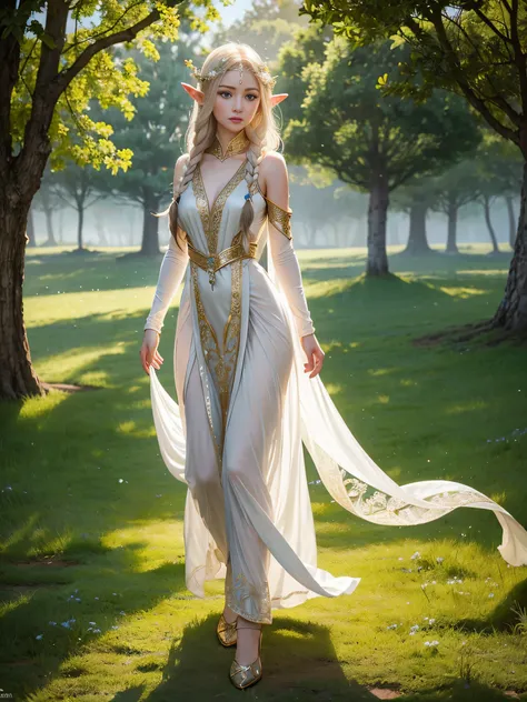 Graceful elven girl standing in meadow, Delicate face illuminated by the soft light of the setting sun. Her long, Flowing hair runs down your back, Decorated with intricate braids、Adorned with sparkling gemstones. This great photo is、、、It captures the ethe...