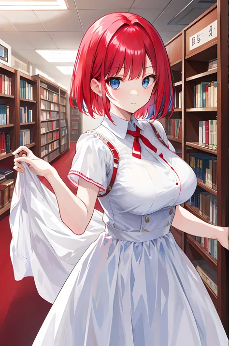 tmasterpiece， best qualtiy， highr， red tinted hair， blue color eyes,Jino Nakano，short whithair，large full breasts，White Dress，library, shining eyes