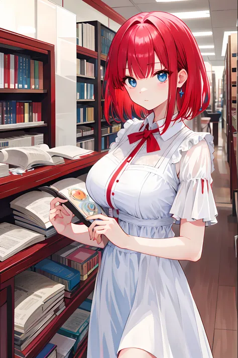 tmasterpiece， best qualtiy， highr， red tinted hair， blue color eyes,Jino Nakano，short whithair，large full breasts，White Dress，library, shining eyes