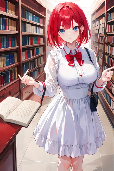 tmasterpiece， best qualtiy， highr， red tinted hair， blue color eyes,Jino Nakano，short whithair，large full breasts，White Dress，library, shining eyes