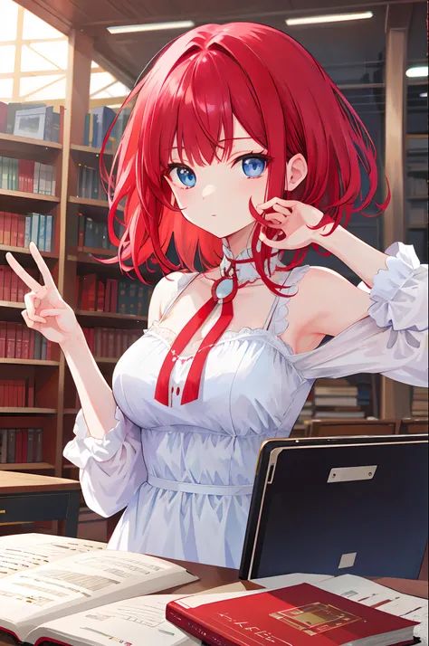 tmasterpiece， best qualtiy， highr， red tinted hair， blue color eyes,Jino Nakano，short whithair，large full breasts，White Dress，library, shining eyes