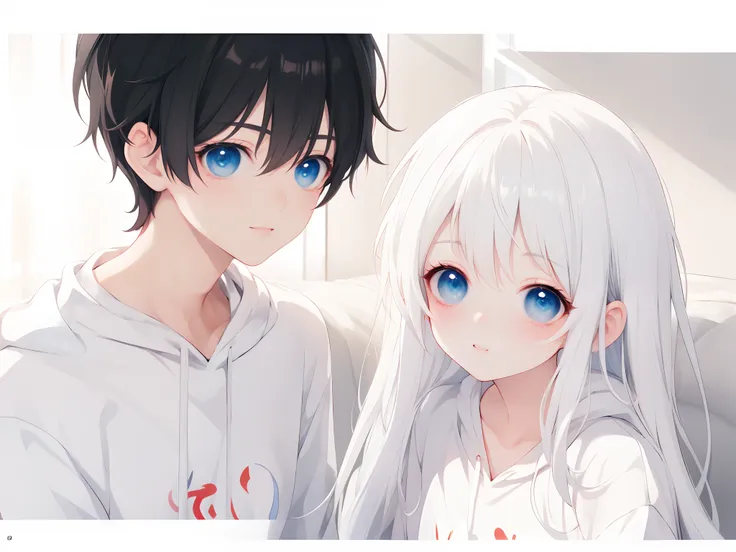 masterpiece, best quality, 8k resolution ，anime couple with blue eyes and white hair posing for a photo,  style of anime4 k, cut...