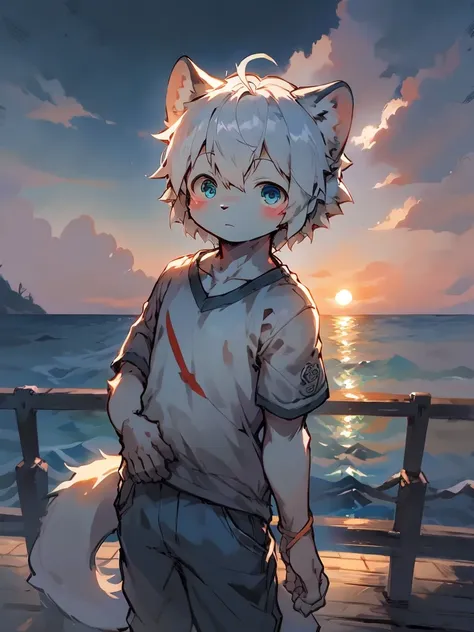 Long shots，Shoot side by side，Dashing wolf furry casual t-shirt and jeans，Leaning against the railing of the boardwalk，Overlooking the sea。The salty breeze carries the sound of waves and seagulls，He watched as the setting sun tilted below the horizon。。Boy。...